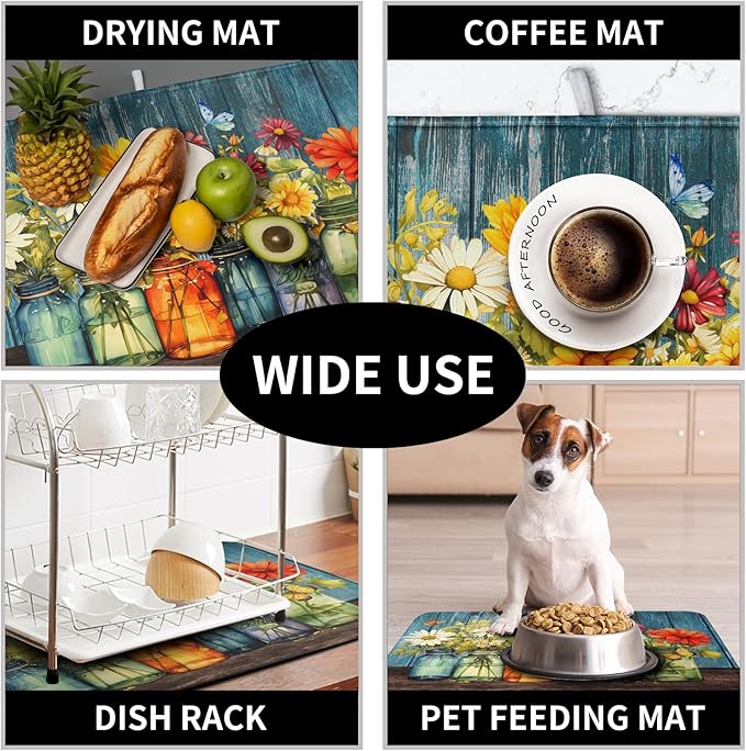 Daisy Dish Drying Mat for Kitchen Counter 18x24 Inch Rustic Vintage Flower Vases Drying Mats Microfiber Absorbent Dishes Drainer Mats Farmhouse Floral Wooden Board Dish Rack Pad