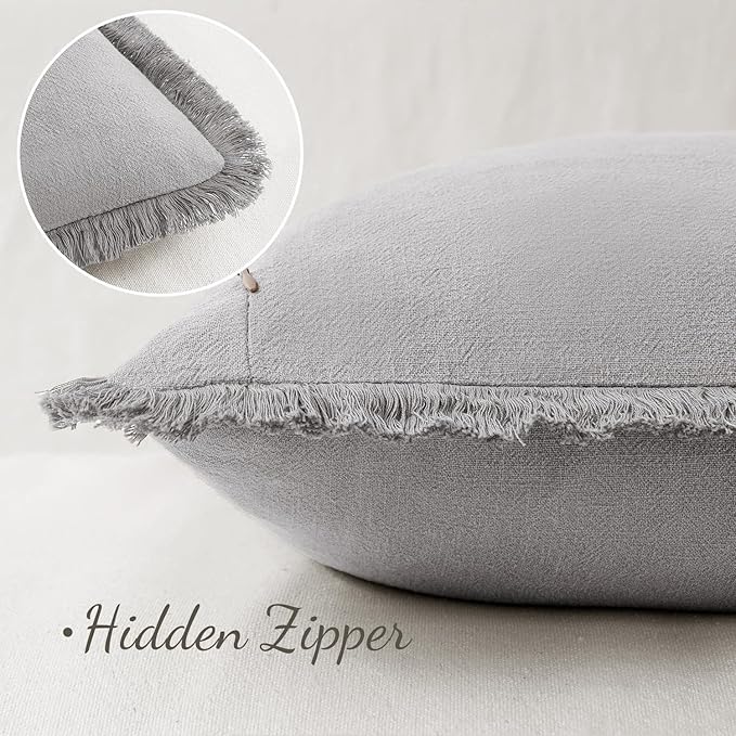 MIULEE Decorative Throw Pillow Covers Neutral Linen Fringe Throw Pillows Set of 2 Light Grey Boho Farmhouse Cushion Covers with Tassels for Couch Sofa Bed Living Room Spring Home Decor 20x20 Inch