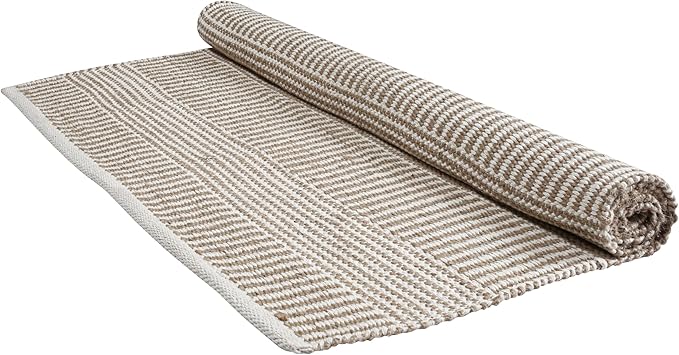 Bedding Craft Jute Cotton Stripe Area Rug for Living Room 48x72 Inch - Natural Ivory - Machine Washable 4x6 Feet Rugs - 70% Jute and 30% Cotton