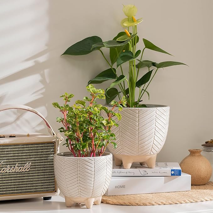 LA JOLIE MUSE Ceramic Footed Flower Plant Pots - 6.7 + 5.1 Inch Boho Decor Indoor Planters with Drainage, Home Decor Gift, Beige