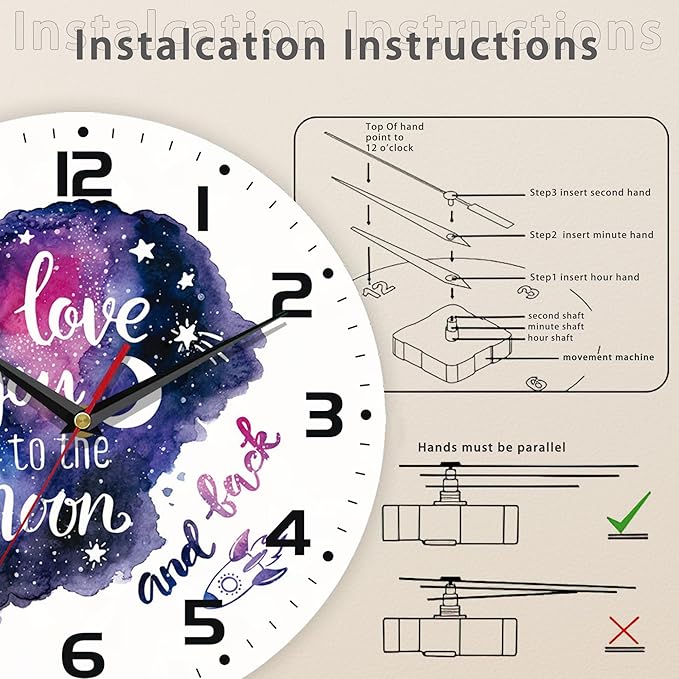Galaxy Star Vintage Wooden Battery Operated I Love You to The Moon Non Ticking 10 inch Silent Art Bedroom Kitchen Clock Home Decor for Girls Kids