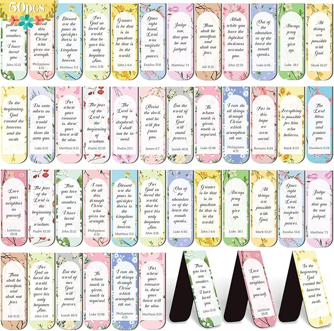 50 Pack Christian Magnetic Bookmarks,Gifts for Women,Men,Bible Verse Book Marker, Book Lovers, Page Markers for Students Teachers Reading,25 Cute Flower Patterns,Printing on 2 Side