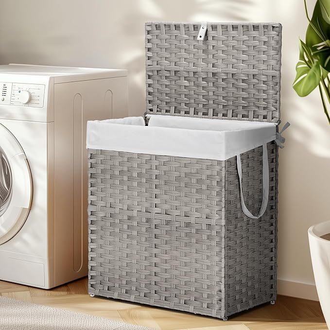 Sweetcrispy Foldable Laundry Hamper–Large Capacity Clothes Basket with Lid, 29.1 Gallon (110L) Bin for Bedroom, Bathroom, and Wash Room–Double Insert Storage Organizer, Dove Gray