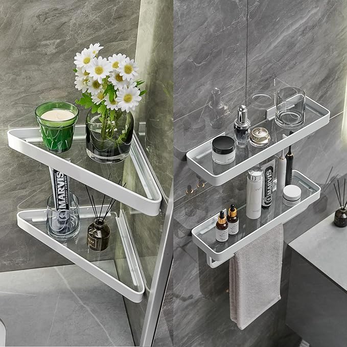 VOLPONE Bathroom Shelves Wall Mounted Glass Corner Shower Shelf for Bathroom Floating Shelf Tempered Glass Wall Organizer 2-Tier(White)