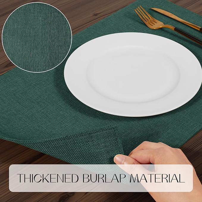 Romanstile Cloth Placemats Set of 8-12 x 18 Inch, Heat Resistant Double Layered Thickened Burlap Christmas Place Mats, Washable Linen Farmhouse Table Mats for Kitchen/Dining/Party/Outdoor, Green