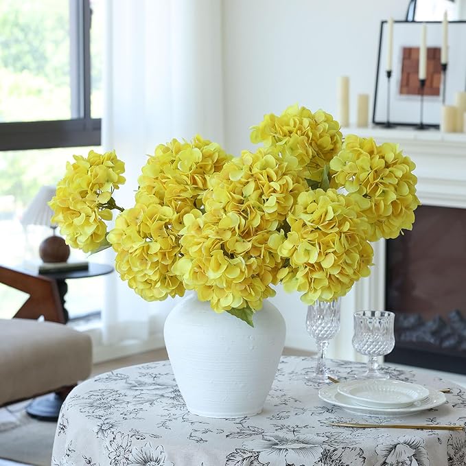 mizii 4Pcs Yellow Artificial Hydrangea Flowers Large Fake Silk Hydrangea Flower with Leaves Stems Realistic Faux Hydrangeas Decorations for Wedding Table Centerpieces Vase Home Decor (Yellow)