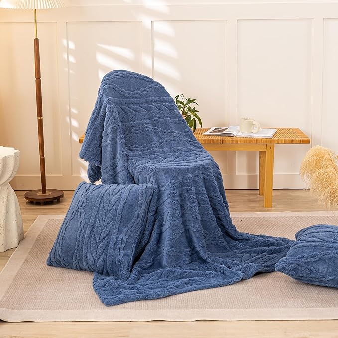 YUSOKI Sherpa Throw Blanket(Without Pillows)-3D Stylish Design Super Soft Cozy Blanket Thick Plush Fluffy Blankets for Teen Girls Women Couch Bed Sofa Chair Men Boys Gift(Washed Blue,50"x65")