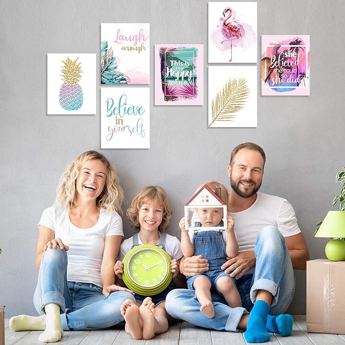 Outus Set of 9 Inspirational Prints Teen Girl Room Wall Art Flamingo Pineapple Leaf Motivational Phrases Posters Girls Bedroom Home Decorations Unframed