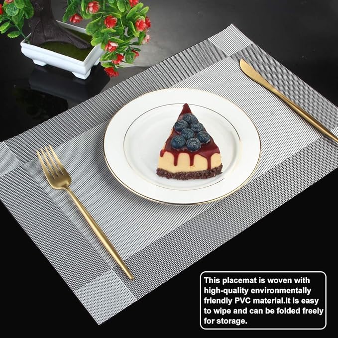 DACHUI Placemats Set of 4, Linen Look Woven Place Mats, Water Resistant, Heat Resistant, Washable, Durable Table Mats (Silver Grey)