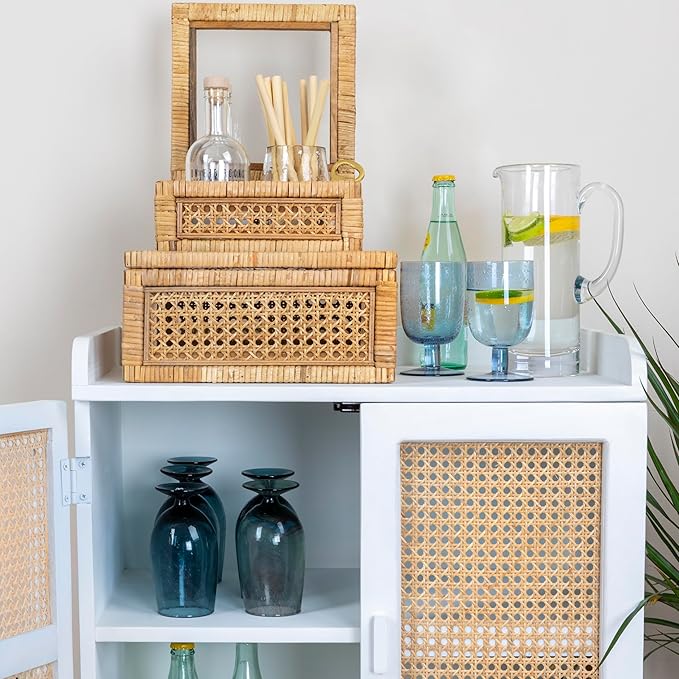 Creative Co-Op Modern Decorative Square Woven Rattan and Wood Display Boxes with Glass Top, Set of 2 Sizes, Natural Finish