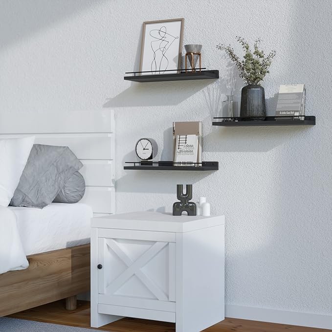 WOPITUES Floating Shelves with Black Metal Guardrail, Shelves for Wall Decor Set of 3, Wall Shelves for Bedroom, Bathroom, Kitchen, Living Room, Plants, Picture Frames, Art- Black
