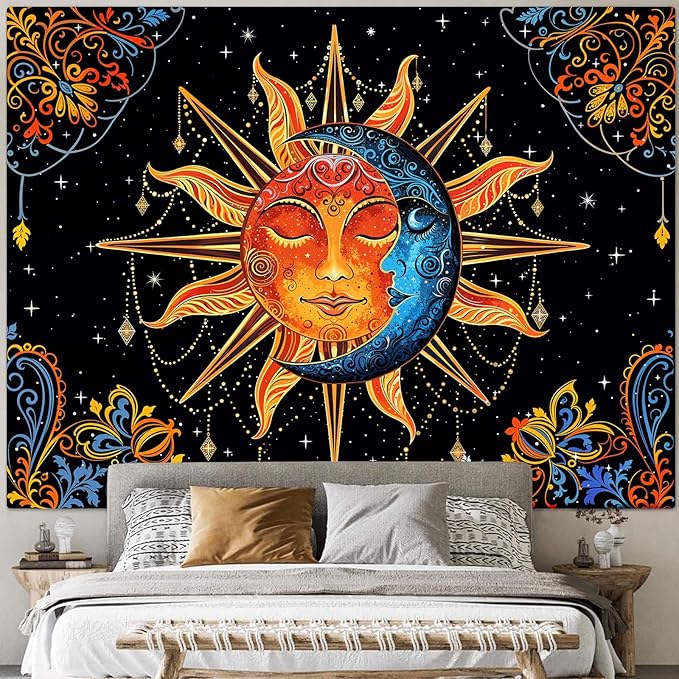 Lunerfex Sun and Moon Tapestry Mandala Wall Tapestry, Cute Tapestries for Bedroom Ceiling Tapestries Wall Hanging for Bedroom Living Room Wall Decor Sun-1 70"x90"