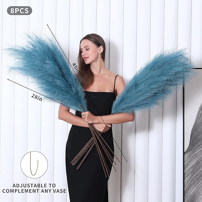 8 Pcs 45 inch Tall Faux Pampas Grass Decor, Large Artificial Blue Pompous Grass Bulk, Long Fake Pompas for Floor Vase Filler, Wedding, Baby Shower, Home and Boho Decor (Blue)