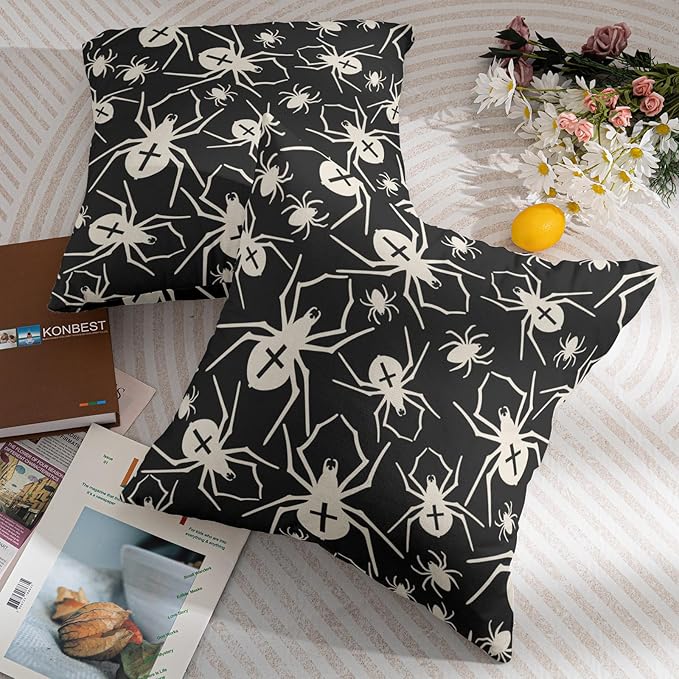 Black Halloween Pillow Covers 16x16 Set of 2 Cream Spider Print Outdoor Decorative Throw Pillows Holiday Scary Themed Farmhouse Pillowcases Linen Cushion Case Decor for Home Sofa Couch Bed