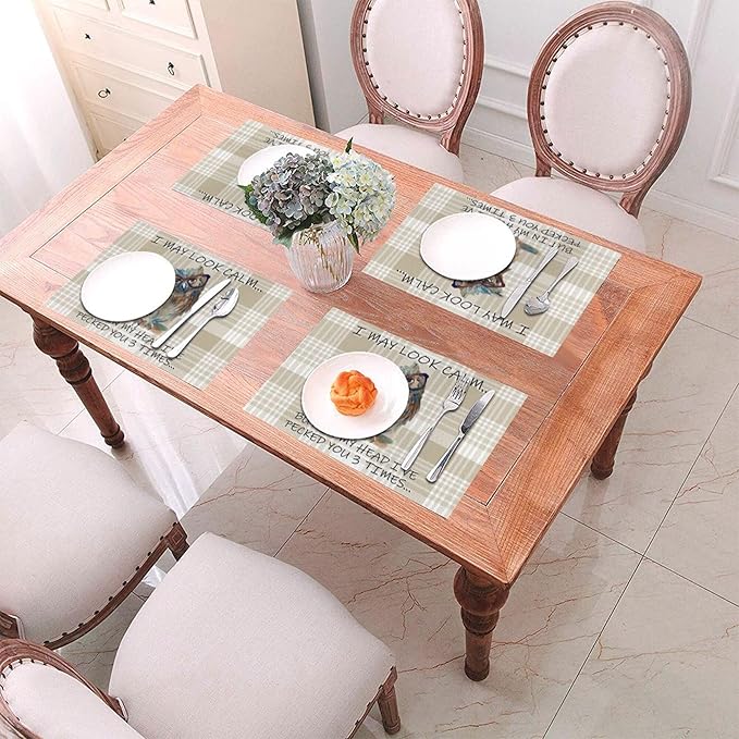 Funny Owl Placemats Set of 4, Cute Buffalo Plaid Table Mats, Heat Resistant Washable Linen Place Mats for Kitchen Dining Tables Farmhouse Decoration 12x18 Inch