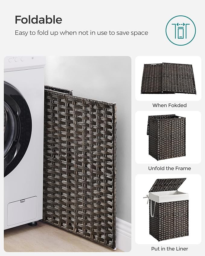 SONGMICS Laundry Hamper with Lid, 23.8 Gallon (90 L) Synthetic Rattan Clothes Laundry Basket with Lid and Handles, Foldable, Removable Liner, Chestnut Brown ULCB051K02