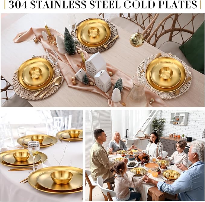 Layhit 18 Pcs Gold Stainless Steel Dinnerware Set 10'' Metal Gold Dinner Plates 8'' Thickened Dinner Dishes 3.5'' Sauce Bowls Stackable Dishware for Kitchen BBQ Party Picnic, Service for 6