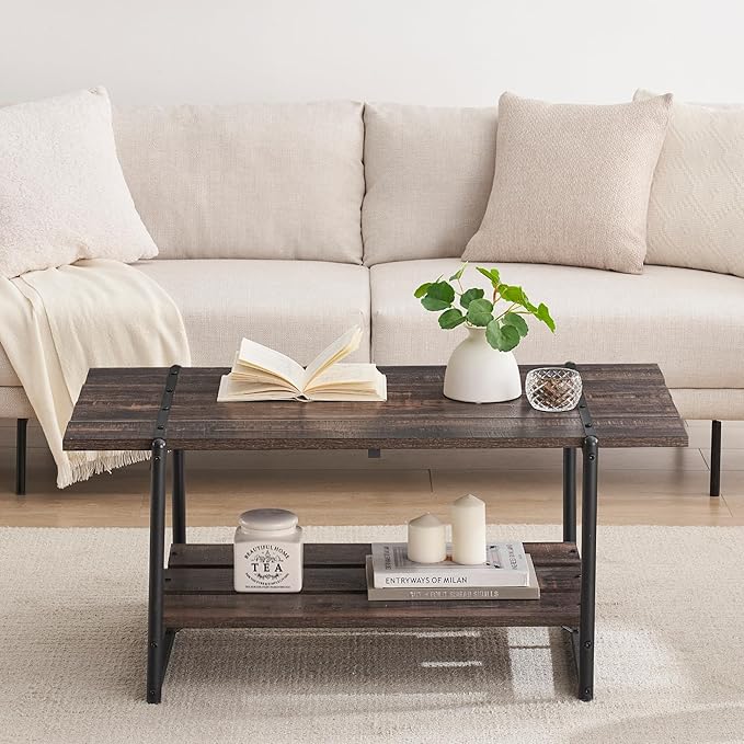 2-Tier Farmhouse 41'' Large Gray Wood Coffee Table with Storage Shelf -Modern Rustic Metal Rectangle Center Living Room Coffee Table Accent Furniture for Home Office,Easy Assembly(Dark Rustic Oak)