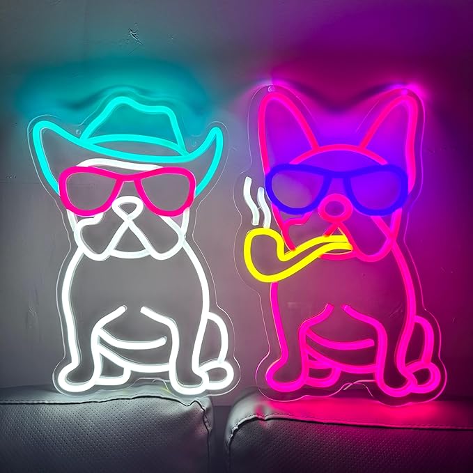 Cowboy French Bulldog Neon Sign for Wall Decor Cowboy Frenchie Wearing Glasses LED Neon Lights French Bulldog Decor Accessories Frenchie Decor French Bulldog Gifts (Cowboy),10.6x15.2 inches.