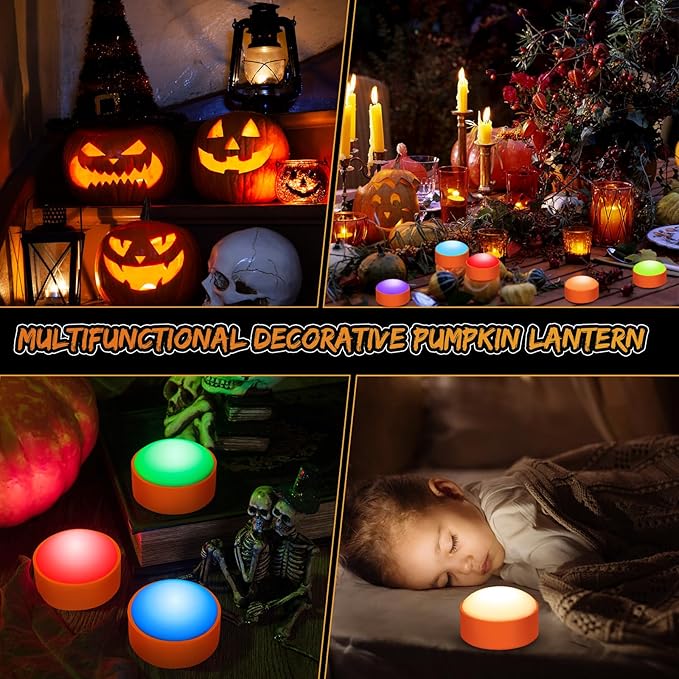 Halloween LED Flameless Pumpkin Lights, Battery Operated Jack-O-Lantern Lights with Remote Control and Timer, RGB Dimmable Color Changing Lights for Halloween and Pumpkin Decoration - 4 Pack