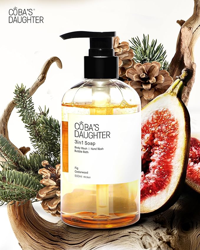 COBA'S DAUGHTER | 3in1 Bubble Bath, Body Wash & Hand Wash for Men and Women | Nourishing Fig & Cedarwood Scent Liquid Soap with Inulin & Seaweed Extract | Cleanses, Softens & Conditions Skin (16.9oz)