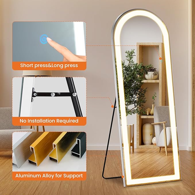 71" x 26" Arched Full Length Mirror with LED Lights, Floor Mirror with Stand, Wall Mirrors Full Length, Body Floor Mirrors, Wall Mounted for Bedroom, Dimmable, Tempered Glass