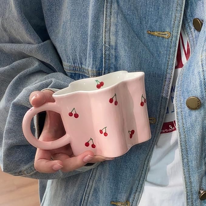 Women Girls Pink Flower Shape Cherry Mug Ceramic Coffee Mug Water Cup 350ml/12oz Cute Novelty Vintage Gift