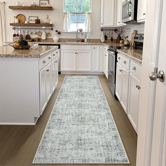 Lahome Long Hallway Runner Rug 10ft, Abstract Machine Washable Kitchen Rugs, Soft Non-Slip Gray Carpet Runner for Bathroom Laundry Room Office Sliding Door Entrance