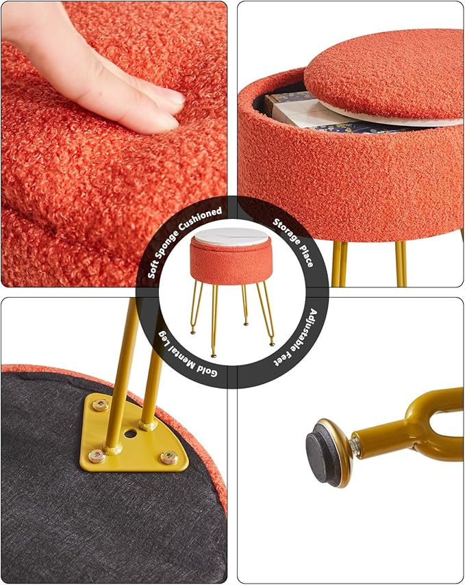 IBUYKE Teddy Velvet Storage Footrest Stool Ottoman, Makeup Vanity Stool Side Table with Removable Cover, Golden Steel Legs, Coffee Table Top Cover, Orange WBD010J