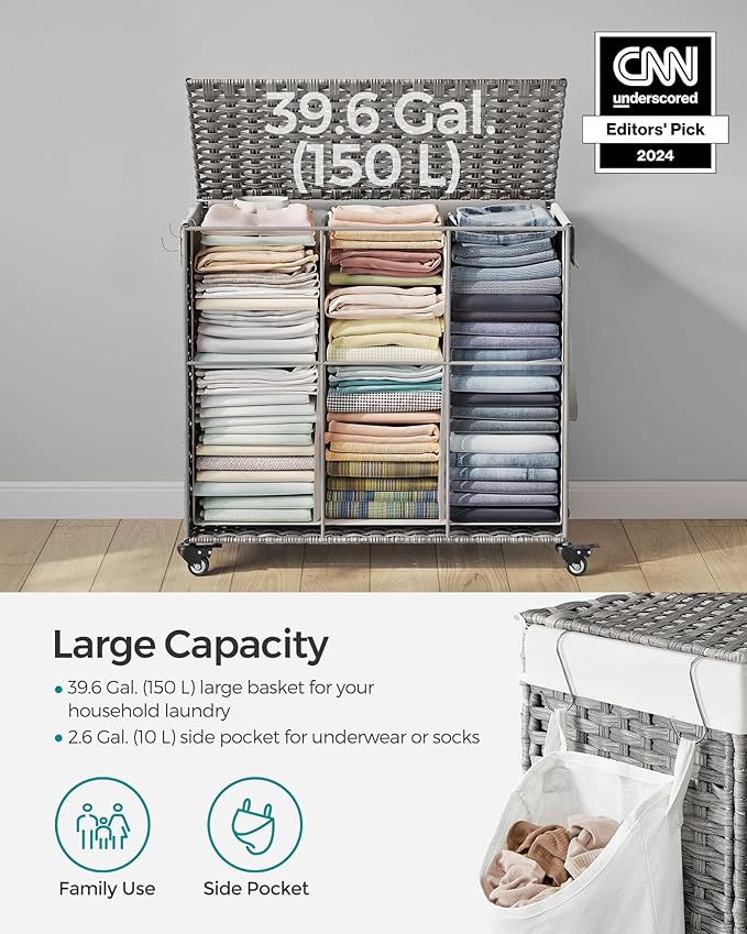 SONGMICS Laundry Hamper with Lid, 42.3 Gallons (160 L), Rolling Laundry Basket with Wheels, 3-Section Synthetic Rattan, Removable Liner, Bedroom, 27.6 x 14.2 x 26 Inches, Gray ULCB365G01