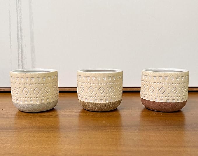 Admired By Nature Set of 3 Modern 3" Ceramic Flower Plant Planters, Ceramic Pot Planter Indoor Ceramic, Houseplant Cactus Ceramic Pot, Decorative Planter for Indoor Succulent Plant Home Décor, Tan