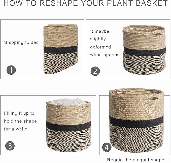 TIMEYARD Sturdy Jute Rope Plant Basket Modern Woven Baskets for 10" Flower Pot Floor Indoor Planters, 11” x 11” Storage Organizer Basket Rustic Home Decor, Black and Beige Stripes