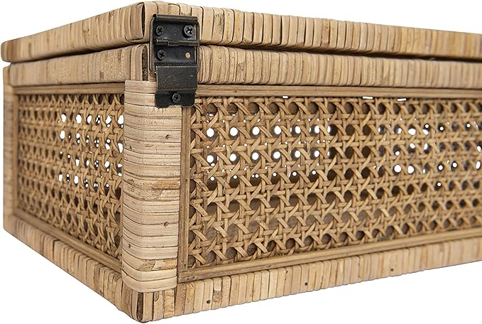 Creative Co-Op Modern Decorative Rectangle Woven Rattan and Wood Display Boxes with Glass Top, Set of 2 Sizes, Natural Finish