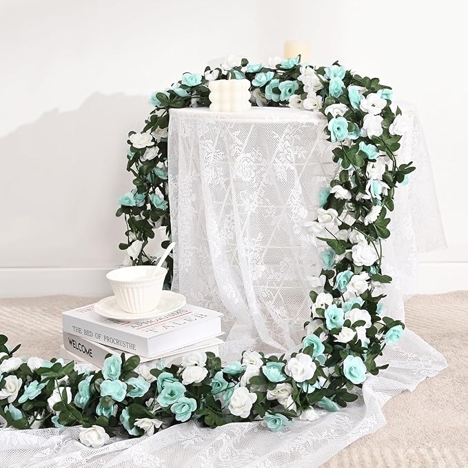 BLEUM CADE 2Pcs 16.4Ft Flower Garland Artificial Rose Vines for Bedroom, Cute Fake Hanging Flower Vines Floral Garland Decorations for Wedding Party Wall Room Decor Aesthetic