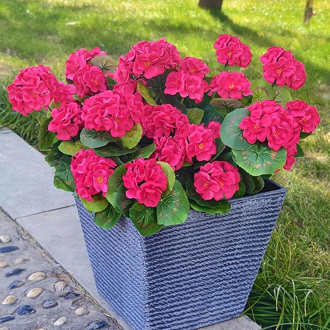 Fake Outdoor Flowers, 4 Pcs Artificial Flowers For Outdoors, Rose Red Artificial Geraniums Plastic Flowers, Fake Plant For Outside, Silk Faux Flowers For Outdoor Planters UV Resistant For Front Porch