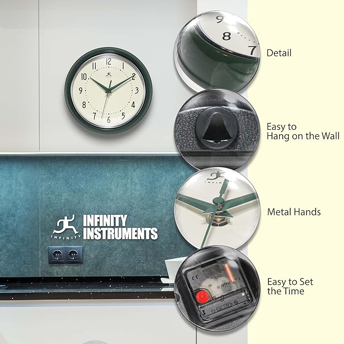 Infinity Instruments LTD. Retro 9 inch Silent Sweep Non-Ticking Mid Century Modern Kitchen Diner Wall Clock Quartz Movement Retro Wall Clock Decorative (Hunter Green)