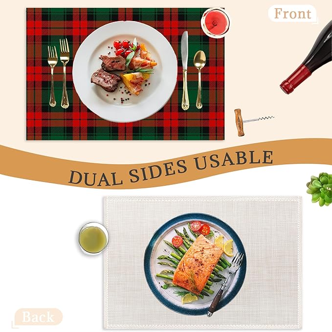 Christmas Plaid Placemats Set of 6,Washable Heat Resistant 12×18 Inch Linen Table Mats Green Red Place Mats for Party Outdoor Dining Décor