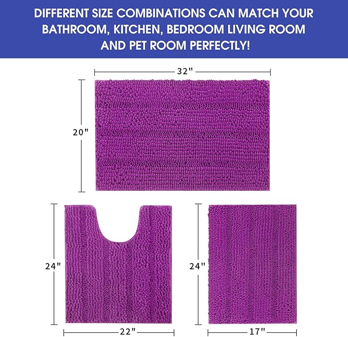 ACCUMTEK Striped Purple Bathroom Rug Set 3 Pieces Ultra Soft, Non Slip Chenille Toilet Mat, Absorbent Plush Shaggy Bath Mats for Bathroom, Bedroom, Kitchen