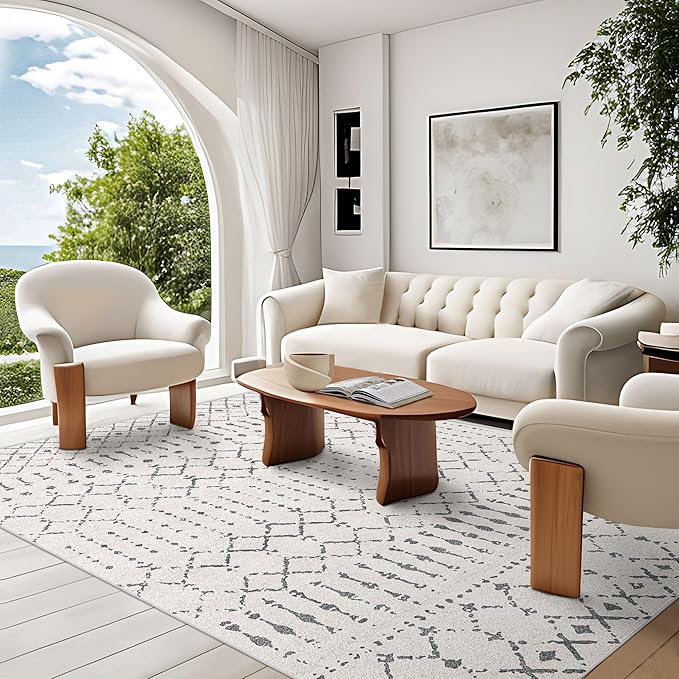 5x8 Area Rugs for Living Room, Washable Rugs Moroccan Boho Farmhouse Rug with Non-Slip Backing, Soft Low Pile Indoor Floor Carpet Neutral Rug for Bedroom Dining Room, Off White/Grey