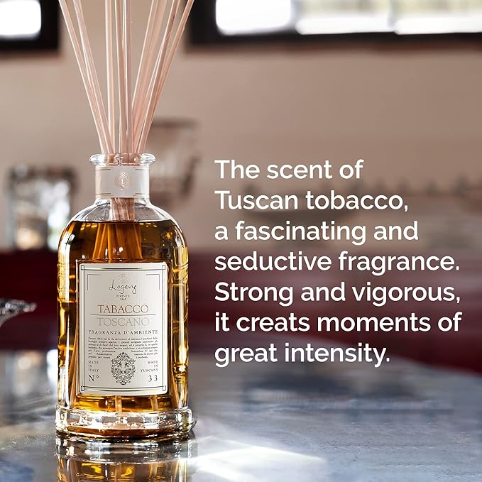 Logevy Firenze 1965 Tabacco Toscano – Tuscan Tobacco Luxury Home Fragrance Diffuser from Master Perfumer in Italy with Sweet Musky Notes in Elegant Glass Bottle with 12 Natural Bamboo Reeds – 500ml