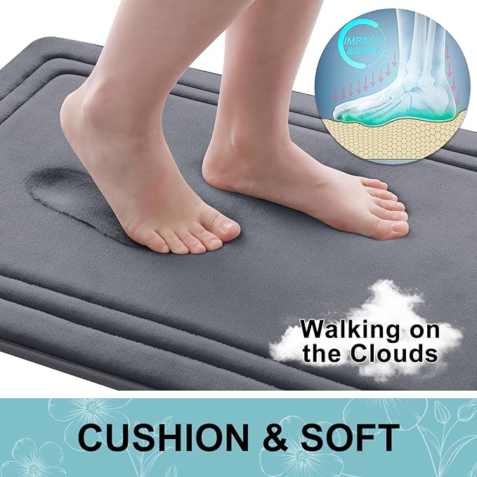 Grandaily Memory Foam Bath Mat Rug 24x16, Ultra Soft, Non-Slip and Absorbent Bathroom Rugs, Machine Wash Dry, Comfortable Bath Carpet for Bathroom Floor, Tub and Shower, Dark Grey