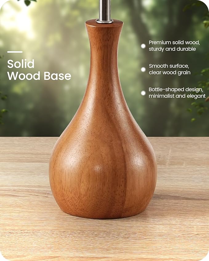 Small Table Lamp, Wood Desk Lamp with Bottle-Shaped Base and Linen Lampshade, Bedside Lamp with Cable, E26 Base, Bulb Not Included, for Living Room, Bedroom, Beige and Dark Natural LE09TL05