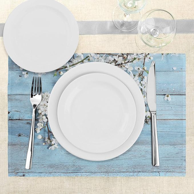 Ambesonne Rustic Place Mats Set of 4, Branch Blooming Warm Season Flowers on Wooden Fragility of Spring, Washable Fabric Placemats for Dining Table, Standard Size, Blue