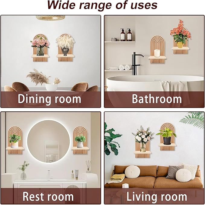 LIYAOLI Boho Arched Wall Shelf Set of 2-15 x 8.6 Inch Wooden Hanging Shelves for Living Room & Bedroom - Mid-Century Modern Bohemian Wall Decor (Natural Wood Finish)