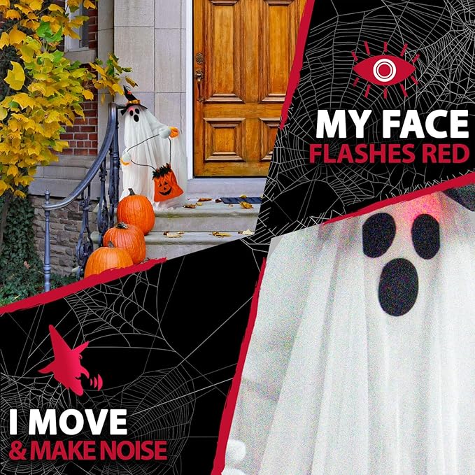 Haunted Hill Farm Friendly Ghost Halloween Animatronic with Touch Activated Lights and Music, Battery Operated Indoor or Covered Outdoor Halloween Decorations, Cute and Modern Halloween Props for Home