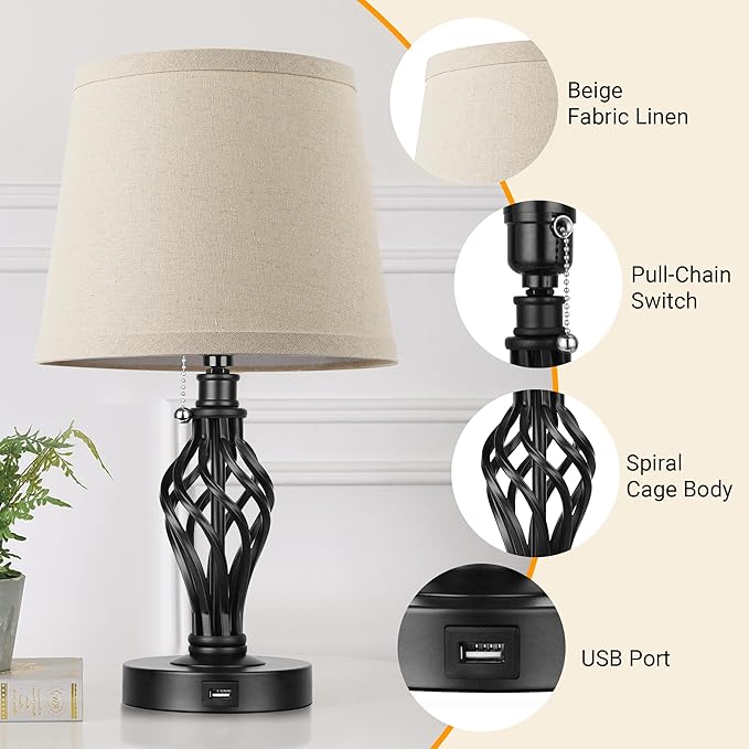 PARTPHONER Table Lamps Set of 2, Farmhouse Bedside Lamps with USB Ports, Nightstand Lamp Cream Drum Shade Spiral Cage Base Desk Lamps for Living Room Bedroom Study Room without Bulb