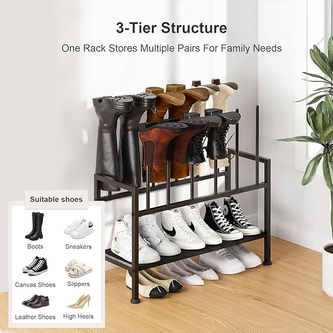 DIMJ Free Standing Shoe Racks - 3-Tier Boot Rack, Black Metal Storage Organizer for Tall Boots, Sneakers, Closet Organizer, Multiuse Shoe Rack, Fits 6 Pairs