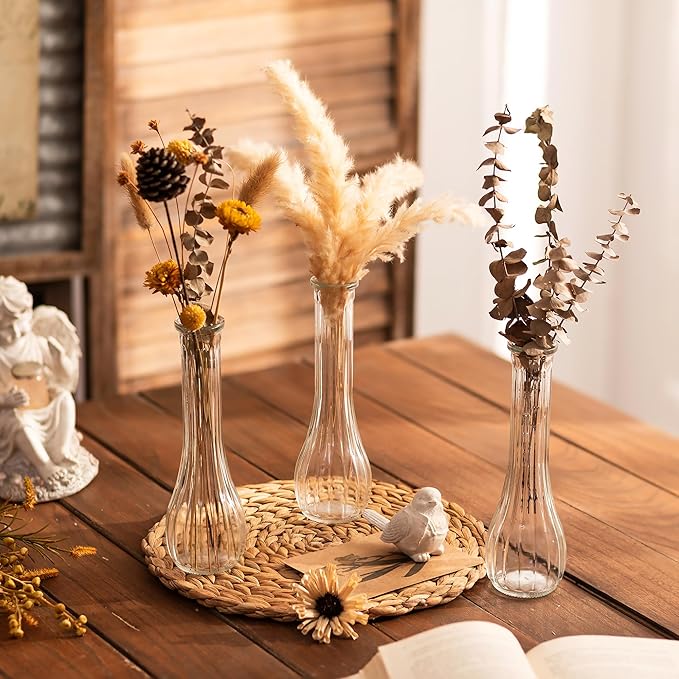 NUPTIO Glass Bud Vases Centerpiece: 3 Pcs Small Flower Vase for Wedding in Bulk - Cute Clear Ribbed Vase for Party Events Home Table Decor