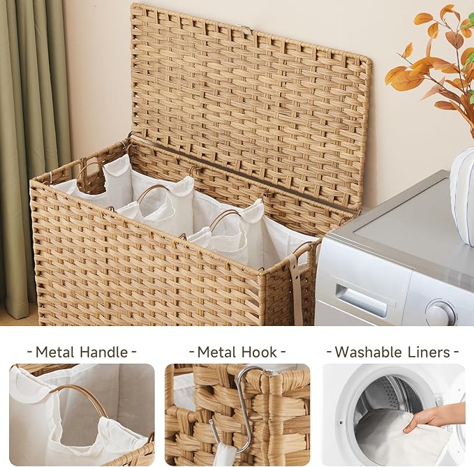 Laundry Hamper with Wheels, 52.8 Gallon(200L) Rolling Laundry Basket with Lid, 3-Section Rattan Clothes Hamper with 3 Removable Liner & 3 Mesh Bags, Laundry Sorter with Side Pocket, Natural