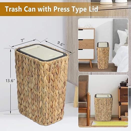 Boho Trash Can with Lid for Bathroom,2.6 Gallon Small Rattan Garbage Can with Press Top Lid,Woven Wastebasket and Hamper 2 in 1 Wicker Trash Basket for Bathroom,Kitchen,Living Room,Bedroom
